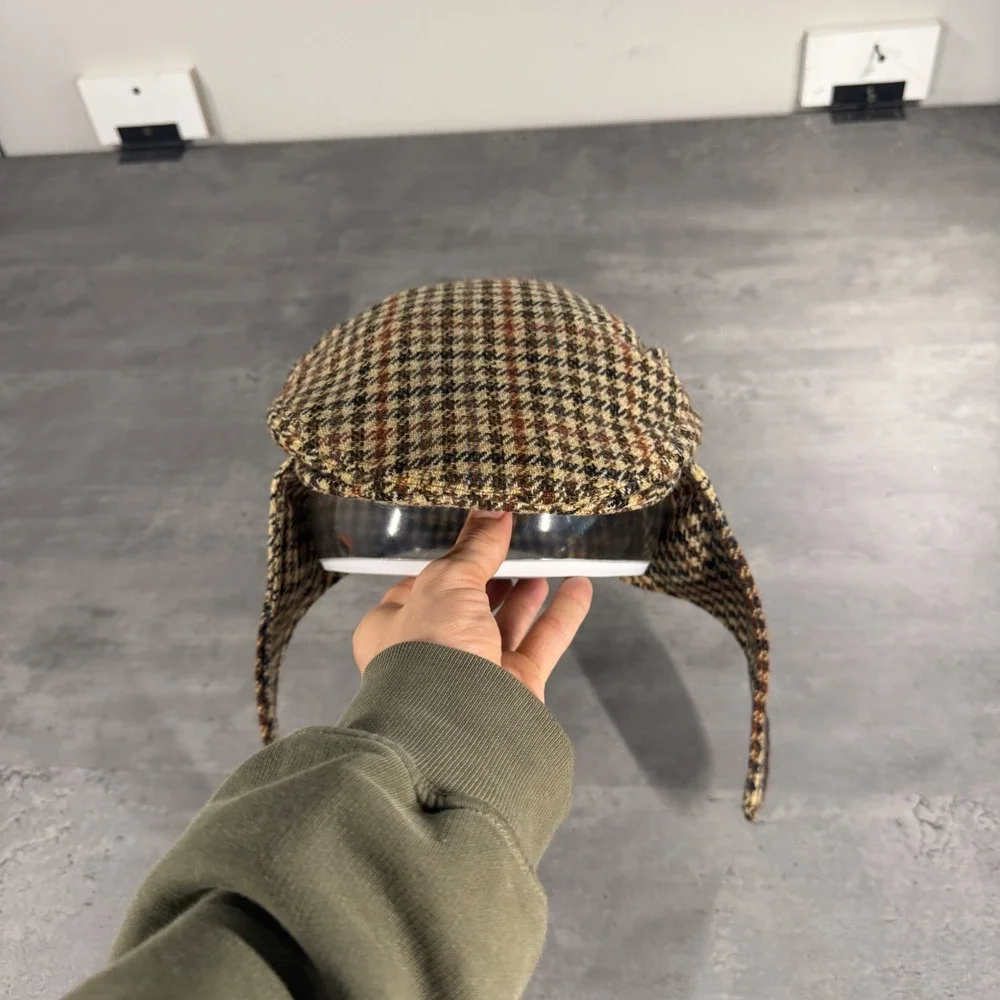 Carriglen Bugatti Flat‎ Cap Mens Brown Houndstooth Wool Blend Ear Flaps England